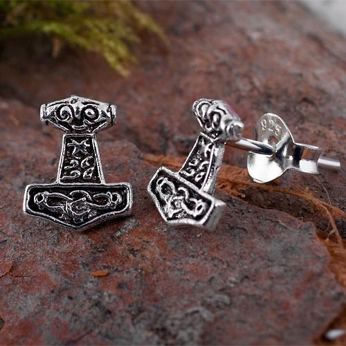 Kraftvoll-Thors-Hammer-Ohrstecker-925er-Silber-Thorhammer-Wikinger-Odin-Herren